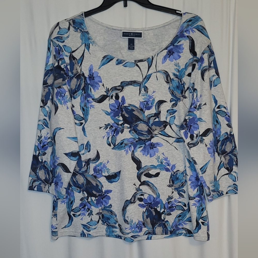 Karen Scott Blue and Gray Floral Long Sleeve Top